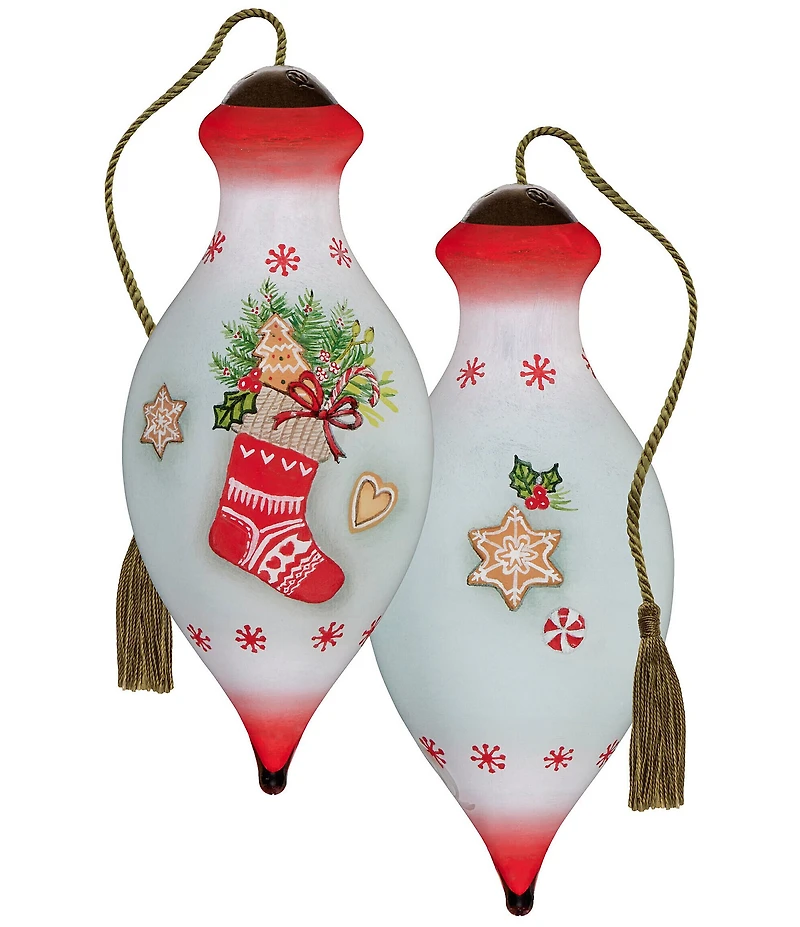 Ne' Qwa Art Stocking with Gingerbread Hand Painted Blown Glass Ornament