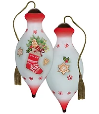 Ne' Qwa Art Stocking with Gingerbread Hand Painted Blown Glass Ornament