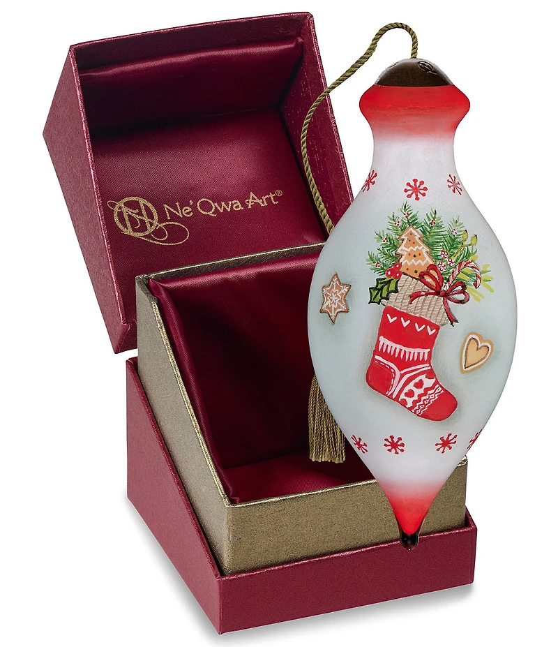 Ne' Qwa Art Stocking with Gingerbread Hand Painted Blown Glass Ornament
