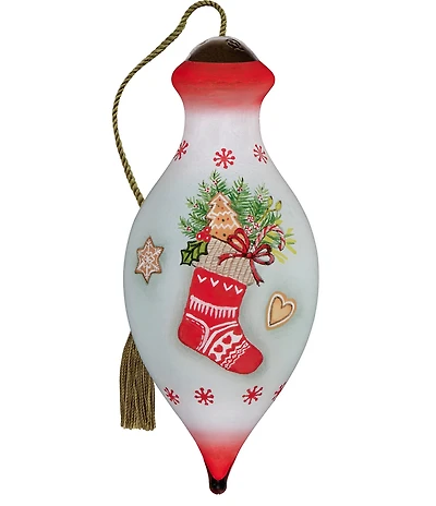 Ne' Qwa Art Stocking with Gingerbread Hand Painted Blown Glass Ornament