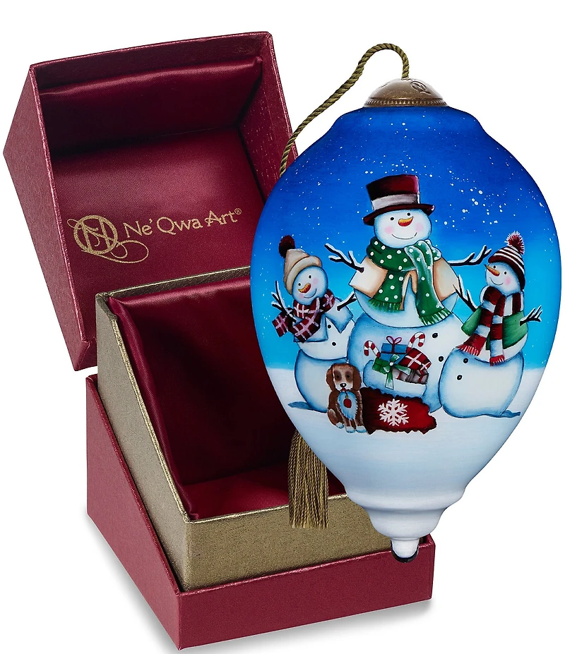 Ne' Qwa Art Three Snowmen with Puppy Hand Painted Blown Glass Ornament