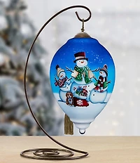 Ne' Qwa Art Three Snowmen with Puppy Hand Painted Blown Glass Ornament