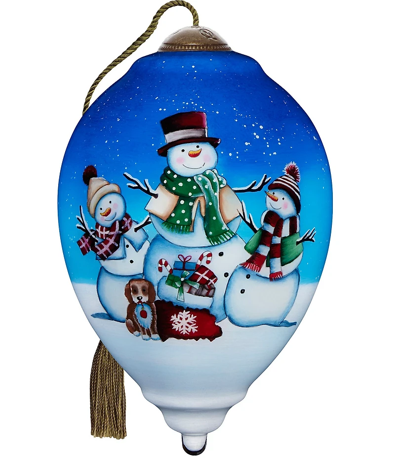Ne' Qwa Art Three Snowmen with Puppy Hand Painted Blown Glass Ornament