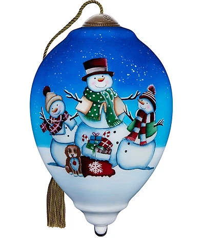 Ne' Qwa Art Three Snowmen with Puppy Hand Painted Blown Glass Ornament
