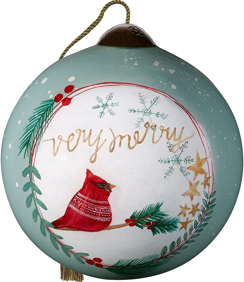 Ne' Qwa Art Very Merry Cardinal Hand Painted Blown Glass Ornament