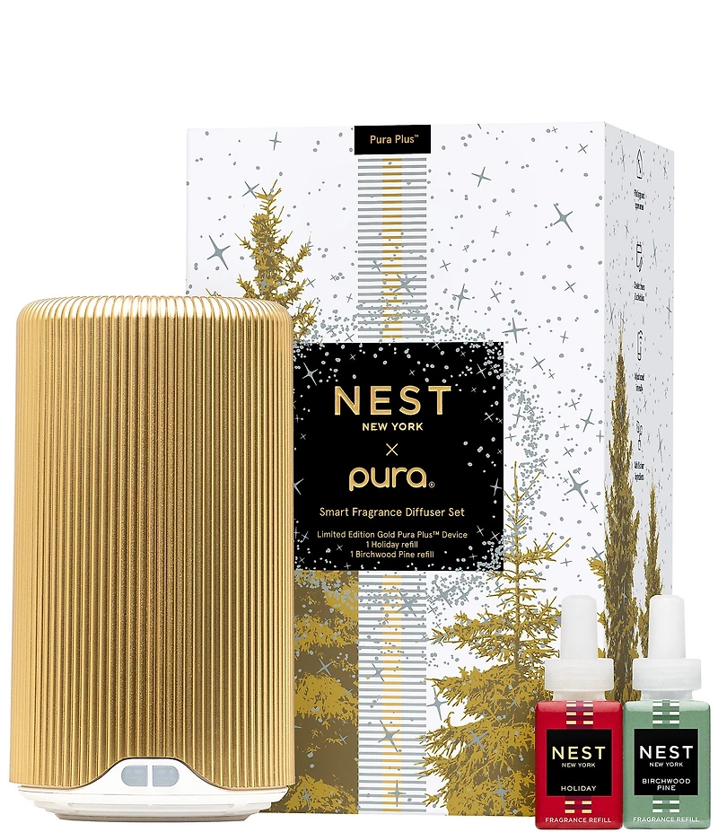 NEST New York x Pura Plus Limited Edition Gold Device + Holiday & Birchwood Pine Refills