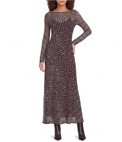 Never Fully Dressed Aria Chocolate Deer Print Round Neck Long Sleeve Mesh Maxi Dress