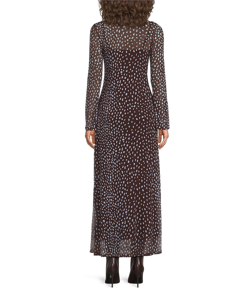 Never Fully Dressed Aria Chocolate Deer Print Round Neck Long Sleeve Mesh Maxi Dress