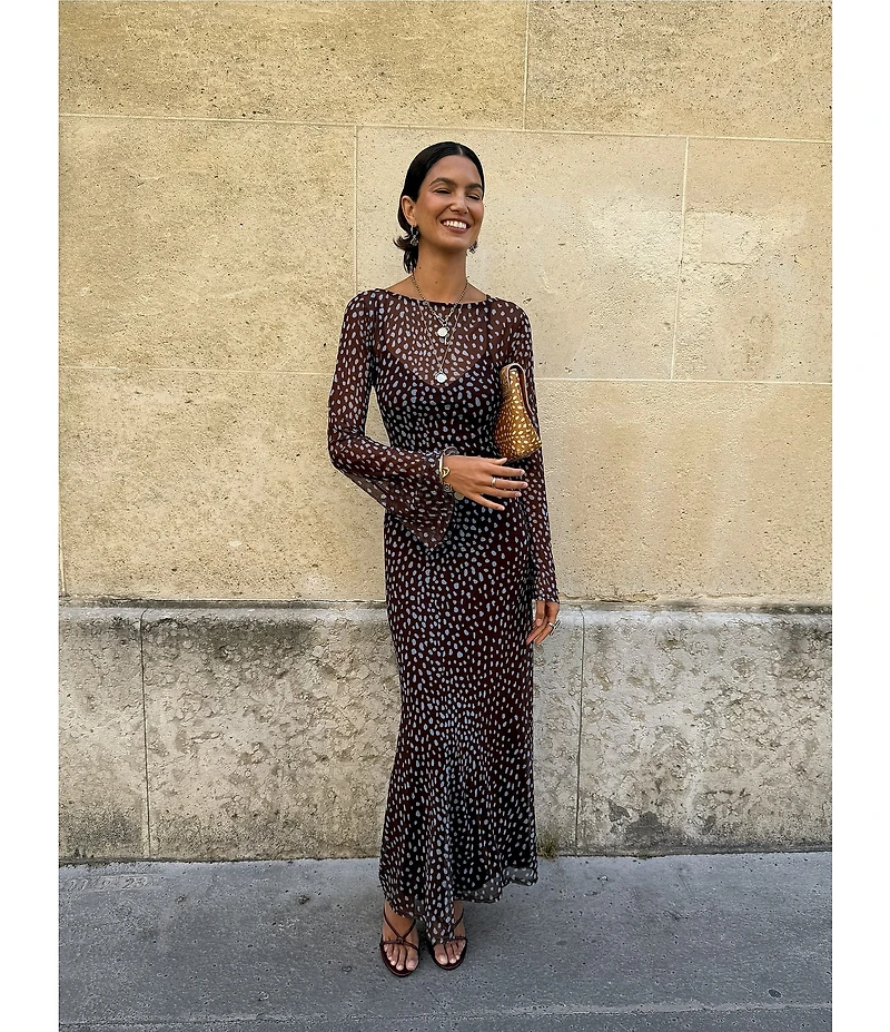 Never Fully Dressed Aria Chocolate Deer Print Round Neck Long Sleeve Mesh Maxi Dress
