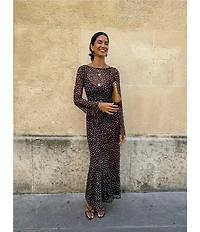 Never Fully Dressed Aria Chocolate Deer Print Round Neck Long Sleeve Mesh Maxi Dress