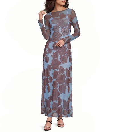 Never Fully Dressed Aria Mesh Jaden Floral Printed Boat Neck Long Sleeve Maxi Dress