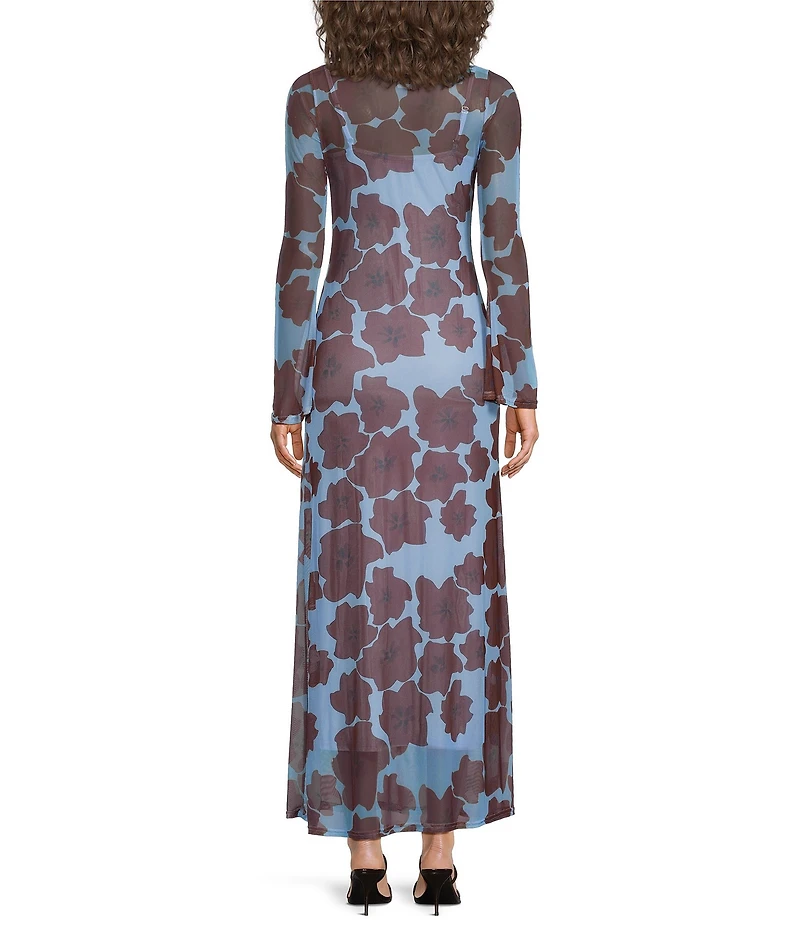 Never Fully Dressed Aria Mesh Jaden Floral Printed Boat Neck Long Sleeve Maxi Dress