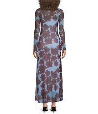 Never Fully Dressed Aria Mesh Jaden Floral Printed Boat Neck Long Sleeve Maxi Dress