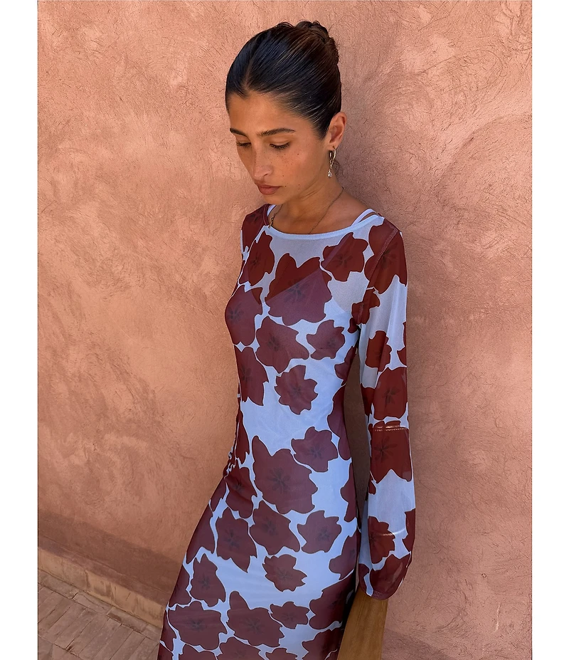 Never Fully Dressed Aria Mesh Jaden Floral Printed Boat Neck Long Sleeve Maxi Dress