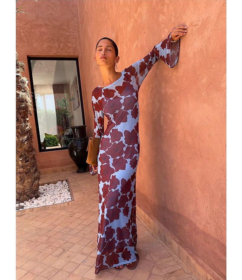 Never Fully Dressed Aria Mesh Jaden Floral Printed Boat Neck Long Sleeve Maxi Dress