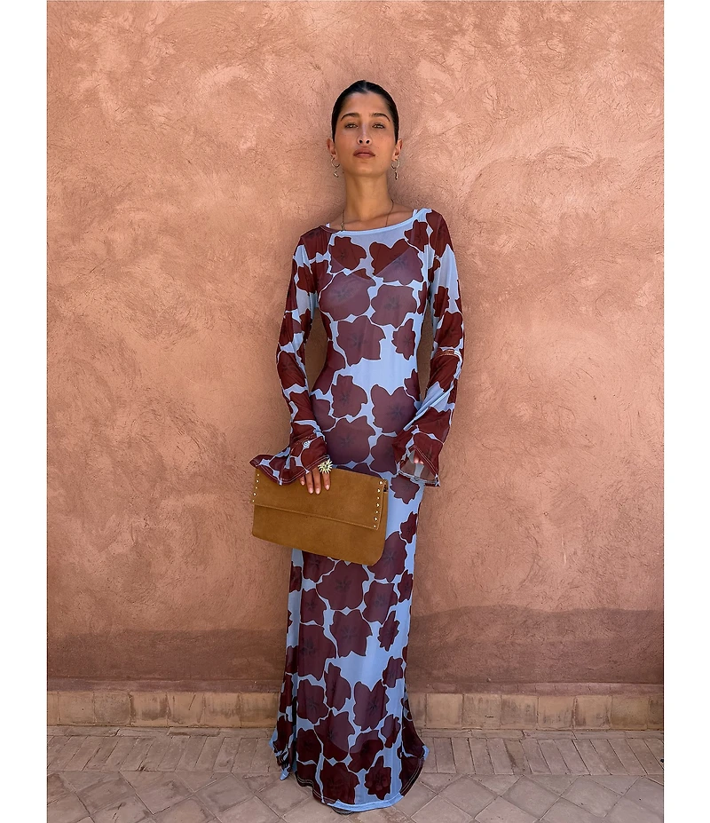 Never Fully Dressed Aria Mesh Jaden Floral Printed Boat Neck Long Sleeve Maxi Dress