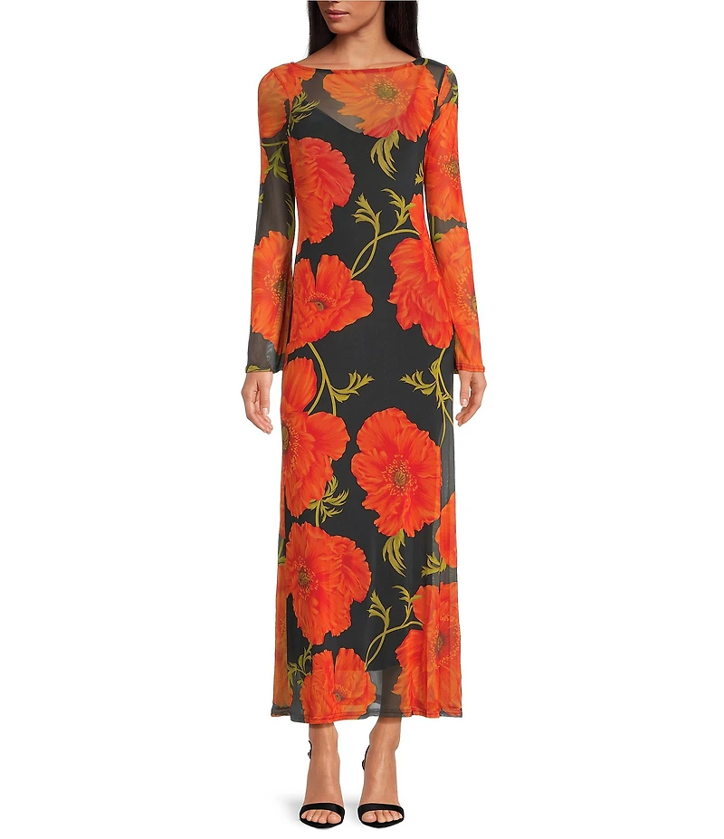 Never Fully Dressed Aria Poppy Floral Print Mesh Crew Neck Long Sleeve Maxi Dress