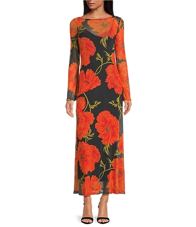 Never Fully Dressed Aria Poppy Floral Print Mesh Crew Neck Long Sleeve Maxi Dress