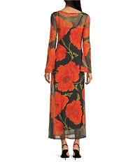 Never Fully Dressed Aria Poppy Floral Print Mesh Crew Neck Long Sleeve Maxi Dress