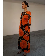 Never Fully Dressed Aria Poppy Floral Print Mesh Crew Neck Long Sleeve Maxi Dress