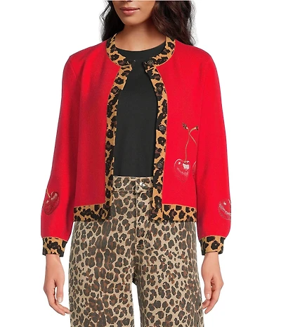 Never Fully Dressed Cherry Hollie Embroidered Crew Neck Leopard Print Trim Long Sleeve Cardigan