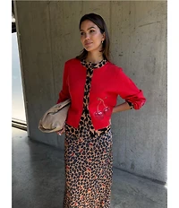 Never Fully Dressed Cherry Hollie Embroidered Crew Neck Leopard Print Trim Long Sleeve Cardigan