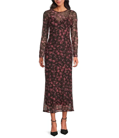 Never Fully Dressed Cherry Print Soho Crew Neck Long Sleeve Mesh Bodycon Maxi Dress