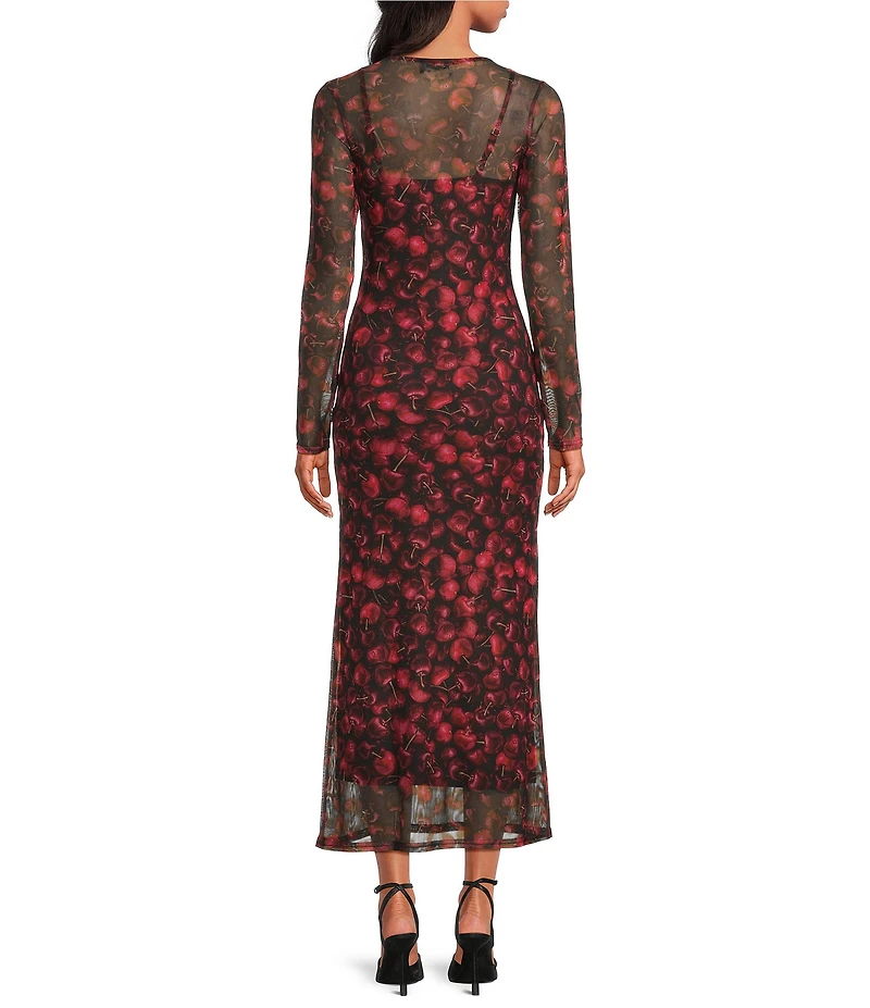 Never Fully Dressed Cherry Print Soho Crew Neck Long Sleeve Mesh Bodycon Maxi Dress