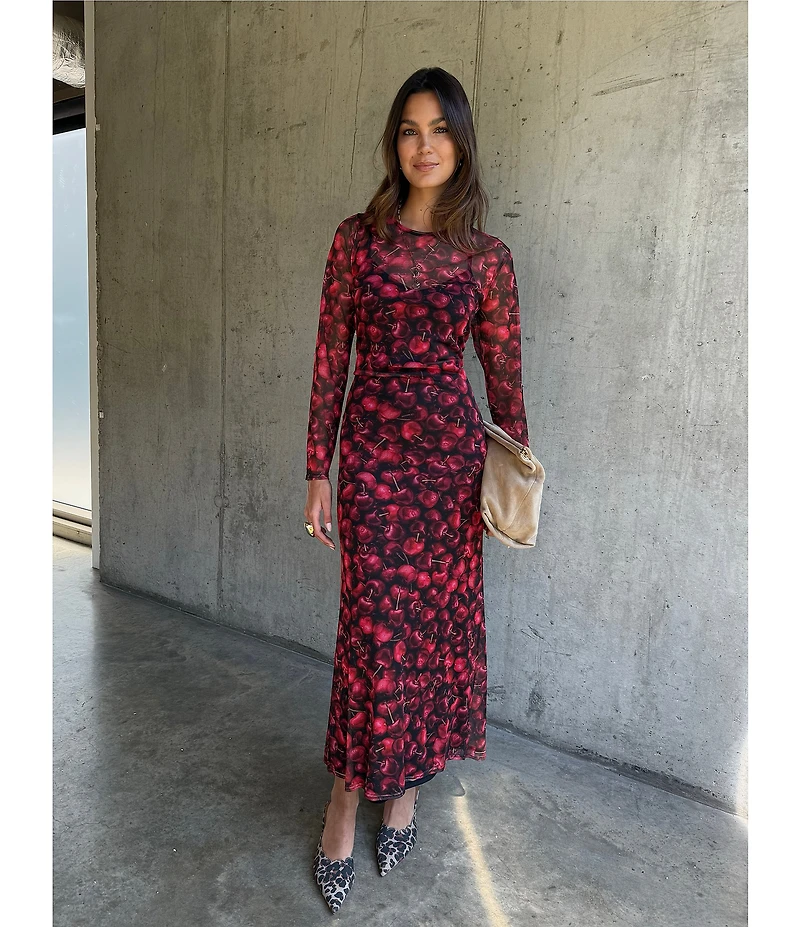 Never Fully Dressed Cherry Print Soho Crew Neck Long Sleeve Mesh Bodycon Maxi Dress