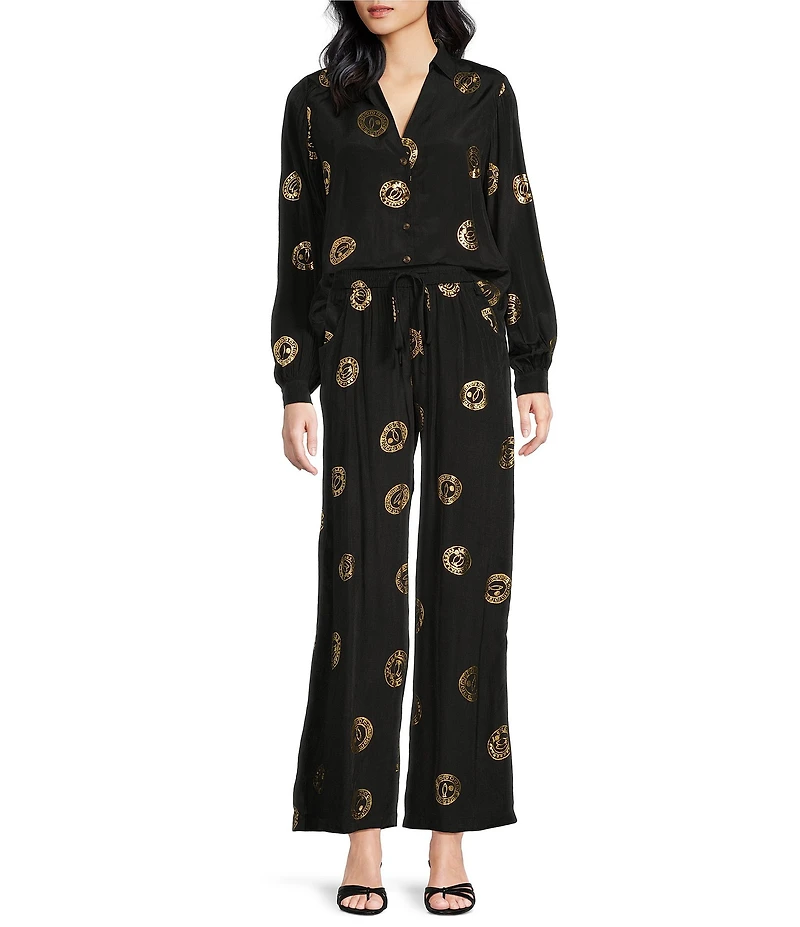 Never Fully Dressed Coordinating Miley Luxe Lightweight Plate Foil Print Collared V-Neck Long Sleeve Button Front Shirt
