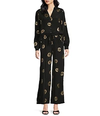 Never Fully Dressed Coordinating Miley Luxe Lightweight Plate Foil Print Collared V-Neck Long Sleeve Button Front Shirt