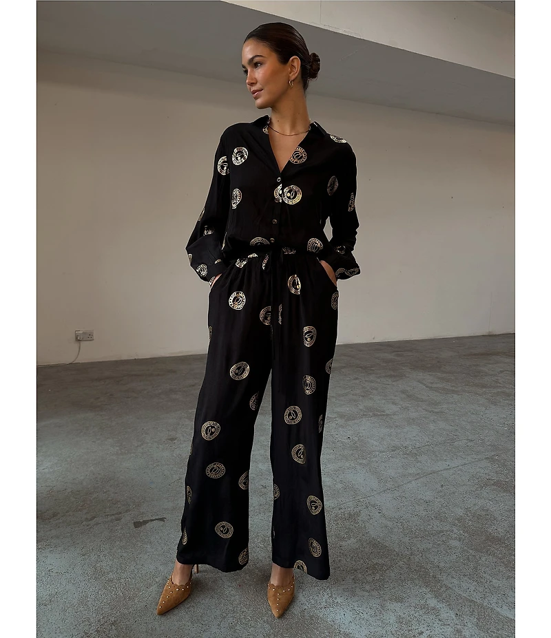 Never Fully Dressed Coordinating Miley Luxe Lightweight Plate Foil Print Collared V-Neck Long Sleeve Button Front Shirt