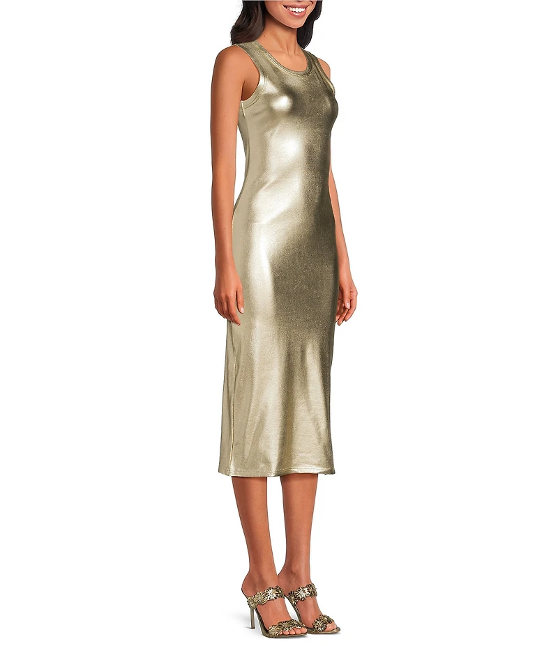 Never Fully Dressed Crew Neck Sleeveless Metallic Midi Dress