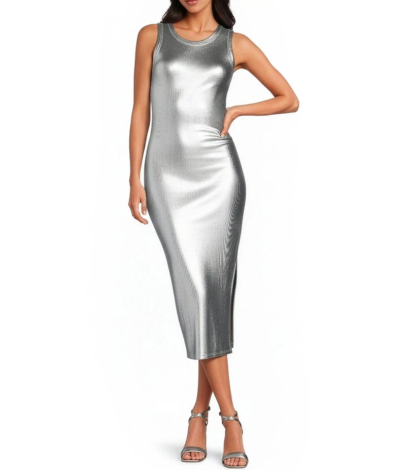 Never Fully Dressed Crew Neck Sleeveless Metallic Midi Dress