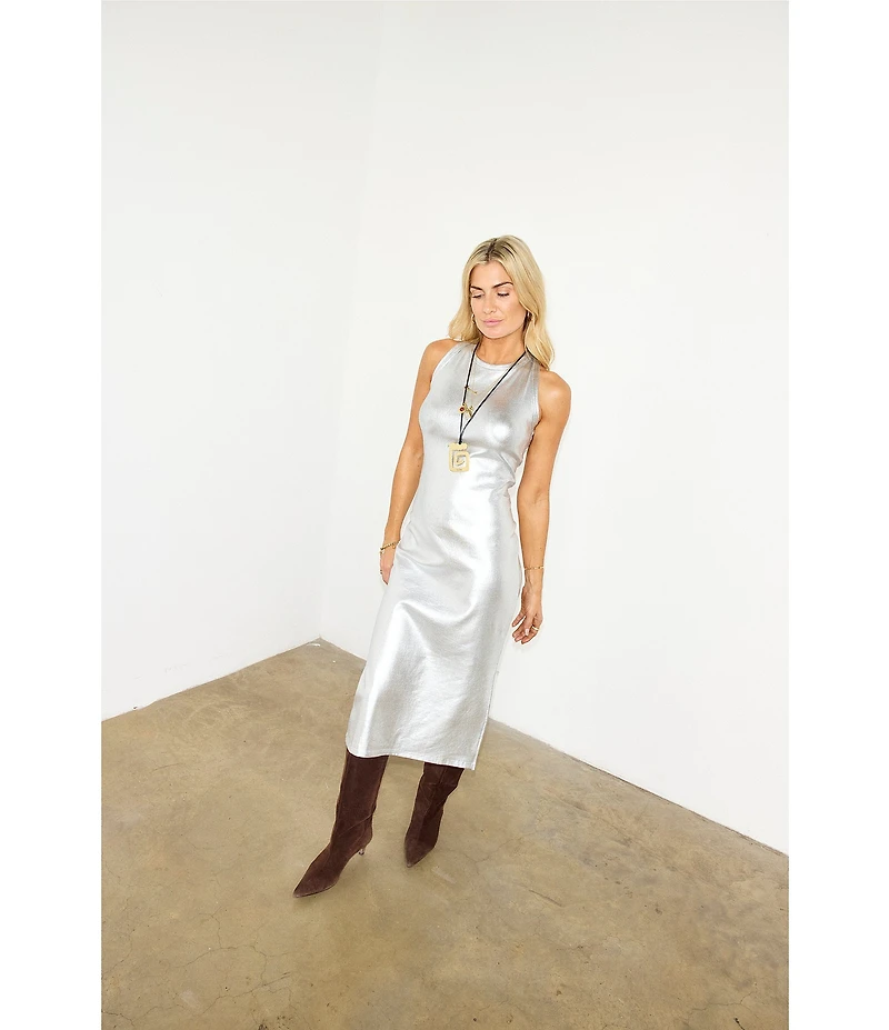 Never Fully Dressed Crew Neck Sleeveless Metallic Midi Dress