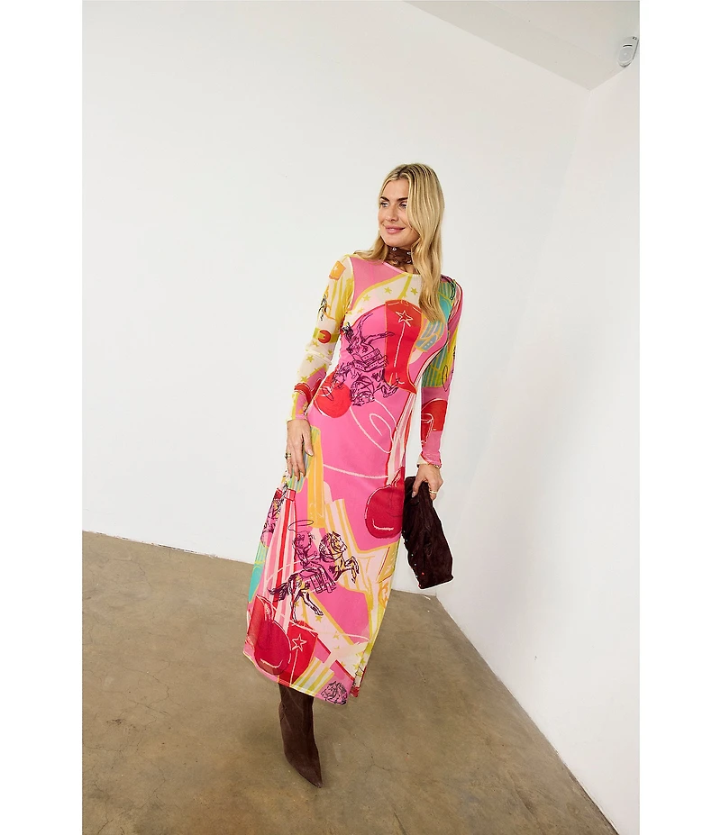 Never Fully Dressed Dallas Western Motif Print Crew Neck Long Sleeve Mesh Maxi Dress