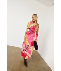 Never Fully Dressed Dallas Western Motif Print Crew Neck Long Sleeve Mesh Maxi Dress