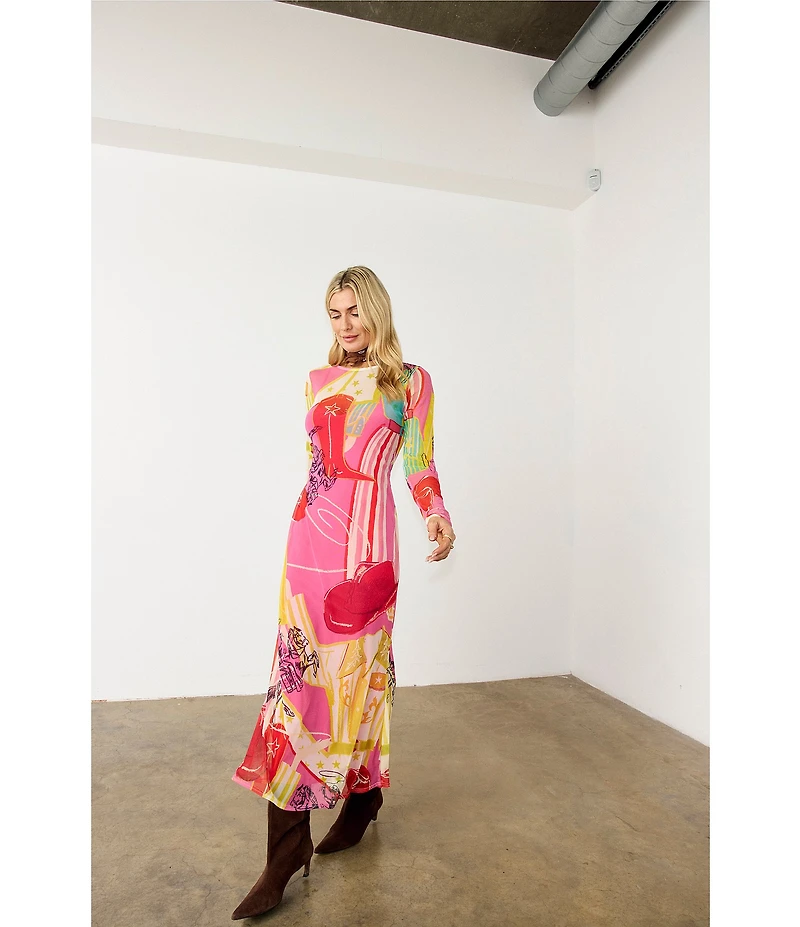 Never Fully Dressed Dallas Western Motif Print Crew Neck Long Sleeve Mesh Maxi Dress