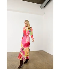 Never Fully Dressed Dallas Western Motif Print Crew Neck Long Sleeve Mesh Maxi Dress