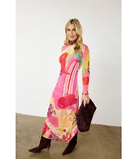 Never Fully Dressed Dallas Western Motif Print Crew Neck Long Sleeve Mesh Maxi Dress