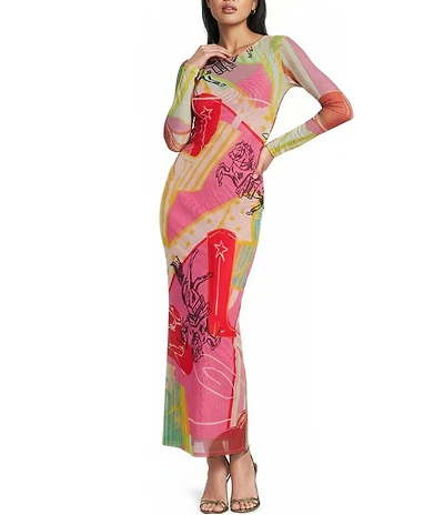 Never Fully Dressed Dallas Western Motif Print Crew Neck Long Sleeve Mesh Maxi Dress