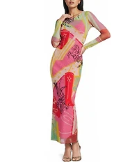 Never Fully Dressed Dallas Western Motif Print Crew Neck Long Sleeve Mesh Maxi Dress