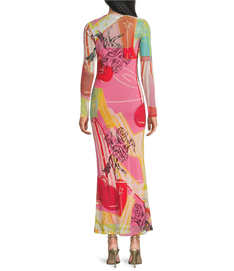 Never Fully Dressed Dallas Western Motif Print Crew Neck Long Sleeve Mesh Maxi Dress