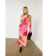 Never Fully Dressed Dallas Western Motif Print Crew Neck Long Sleeve Mesh Maxi Dress