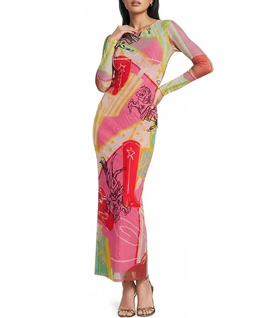 Never Fully Dressed Dallas Western Motif Print Crew Neck Long Sleeve Mesh Maxi Dress