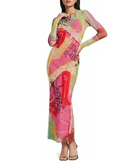 Never Fully Dressed Dallas Western Motif Print Crew Neck Long Sleeve Mesh Maxi Dress