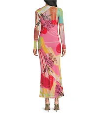 Never Fully Dressed Dallas Western Motif Print Crew Neck Long Sleeve Mesh Maxi Dress