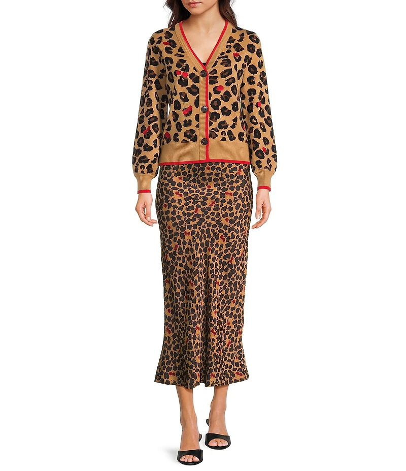 Never Fully Dressed Dorris Satin Leopard Print Cherry Motif Maxi Skirt