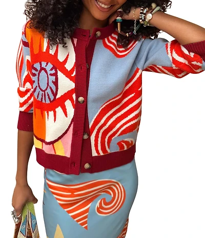 Never Fully Dressed Hollie Dolce Vita Printed Round Neck Long Sleeve Button-Front Cardigan