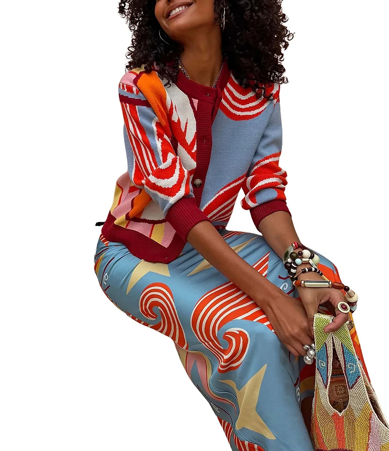 Never Fully Dressed Hollie Dolce Vita Printed Round Neck Long Sleeve Button-Front Cardigan